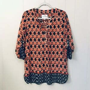 Joseph Ribkoff Blouse Top Popover Sheer Geometric Coral Navy White Size 2